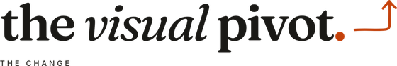 The Visual Pivot logo: the wordmark the visual pivot with an orange full stop and an orange arrow turning 90 degrees, tagline THE CHANGE